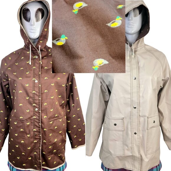 Vintage 80s Reversible Duck Raincoat Women Large Brown Beige Jacket Coat Snap 12 - Picture 1 of 16